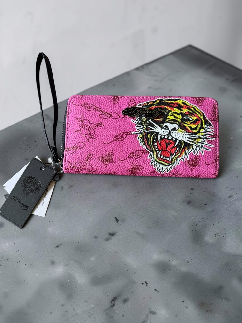 Ed Hardy Women's Pink Screaming Tiger Zip-Around Wallet Wristlet NWT
